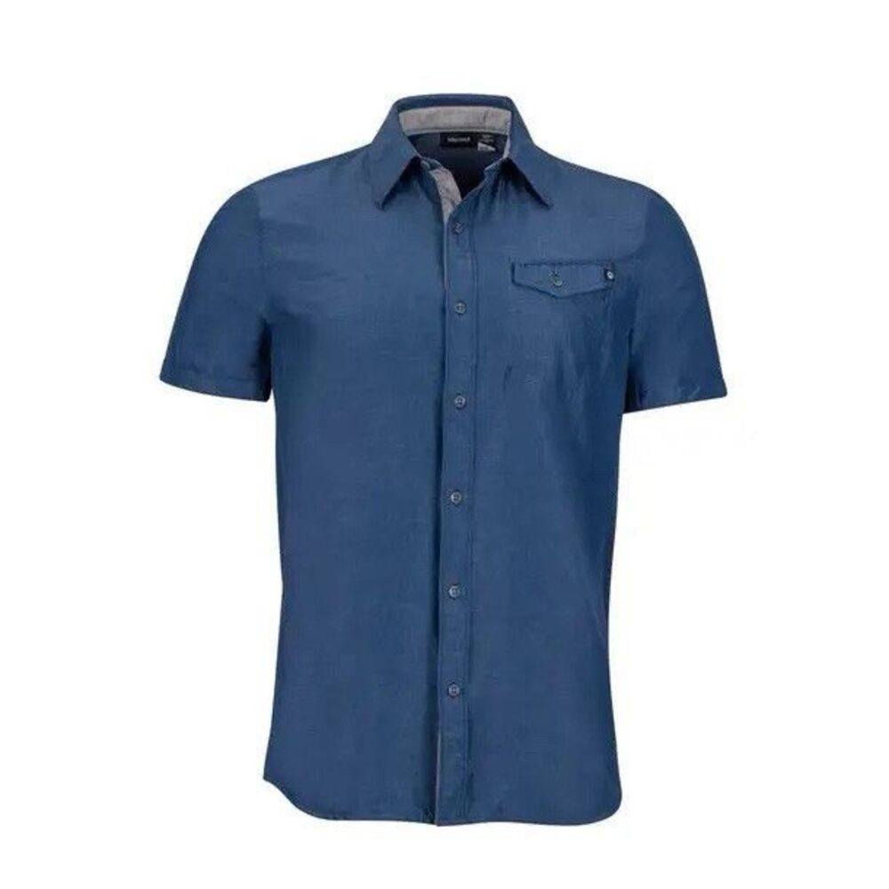 Marmot Contra Button Up Short Mens S Navy Blue Short Sleeve UPF Vented Stretch